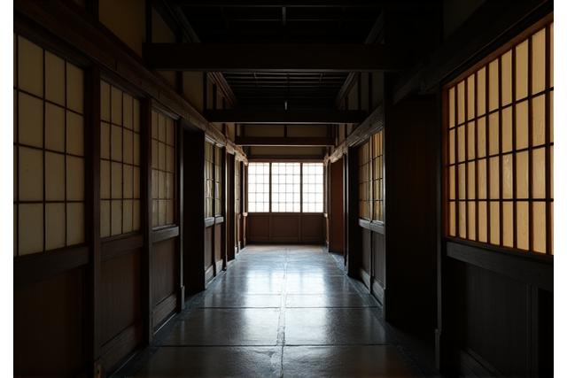 薄明りの廊下、襖と床の間