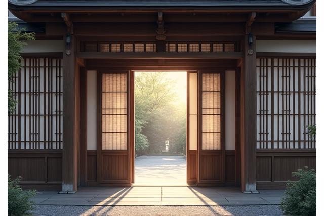 伝統的な木造建築の入り口、暖簾がかかる