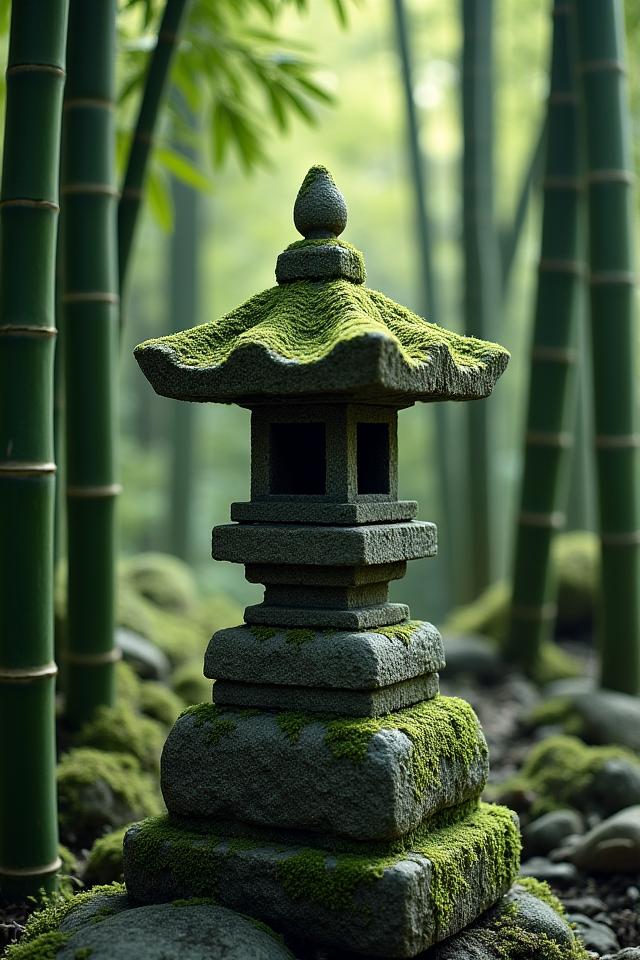 苔むした石灯篭と竹林の庭