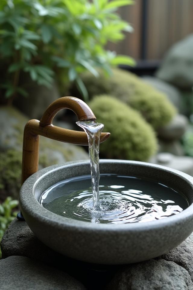 竹筒から水が流れ落ちる蹲の音