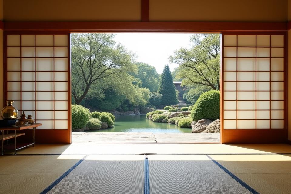 杉スイートの広々とした和室、窓からは手入れされた庭園が見える