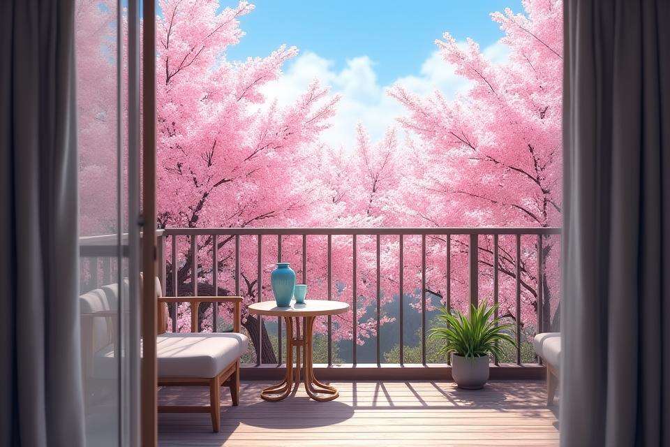 梅スイートのプライベートバルコニーから桜の木が見える