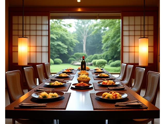 伝統的な日本庭園を望むプライベートな宴会室で、豪華な会席料理が用意されている様子。特別なイベントのための上品な設えです。