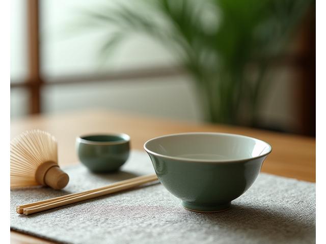 日本の茶道の準備風景。繊細な茶碗と竹製の茶筅が畳の上に置かれ、優雅な雰囲気を醸し出しています。